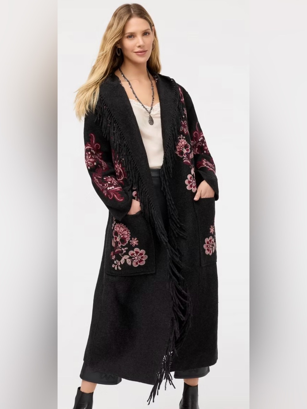 Johnny Was Black Hooded Coat with Pink Embroidered Floral Accents